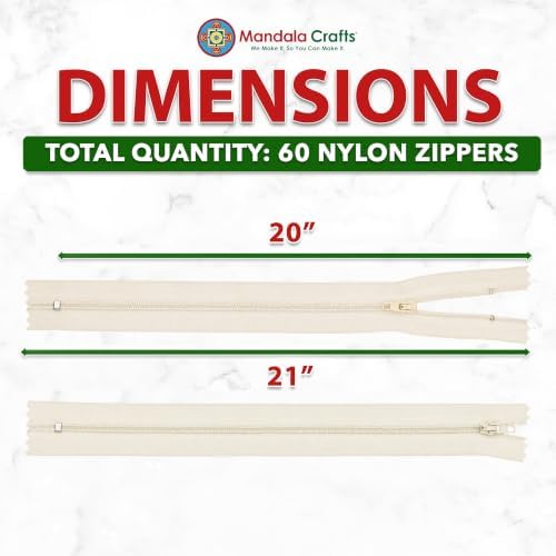 Mandala Crafts 60 PCs Cream Closed-End 20 Inches Nylon Zippers for Sewing