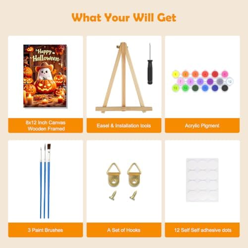 MOGTAA Happy Halloween Paint by Numbers Kit for Adults Beginners with Frame, Ghost Adult Paint by Number Kits on Canvas with Easel, Easy DIY Pumpkin Oil Painting Kits for Home Decor, 8x12in