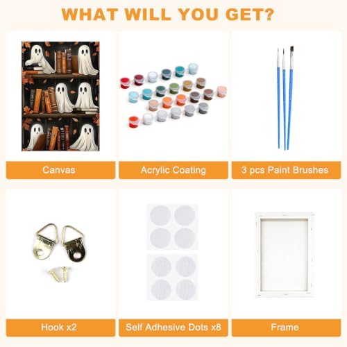 SENQAO Bookshelf Ghost Paint by Numbers Kit for Adults Beginner, Halloween Adult Paint by Number Kits on Canvas, DIY Acrylic Oil Easy Painting by Numbers for Home Wall Decor 8X12 inch (Book Ghost)