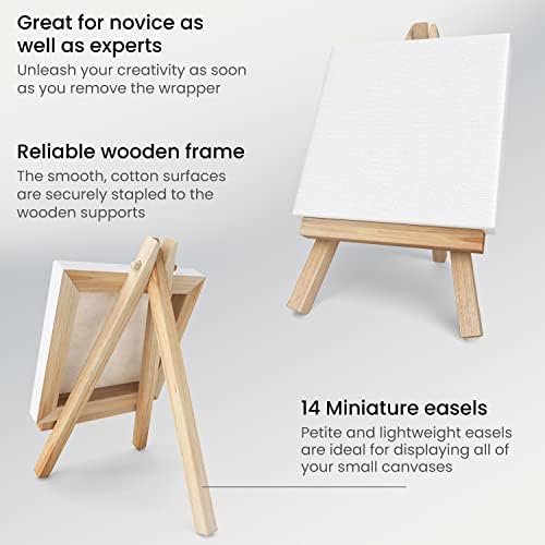 ARTEZA Mini Canvas and Easel Set, 4 x 4 in, Pack of 14, Small Stretched Canvases with Easels for Acrylic Painting, Crafts, and Tabletop Display