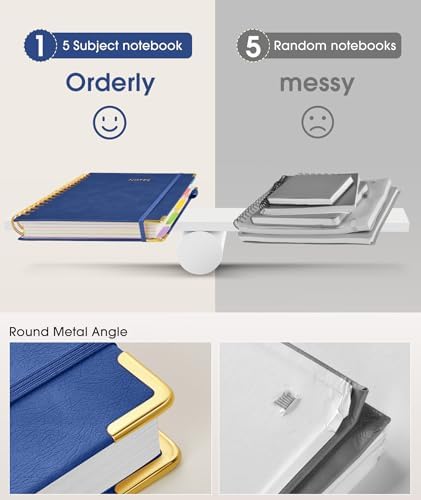 Hardcover Spiral Notebook 8.5"x11" Journal with Removable Dividers Tabs, 300 Pages Leather 5 Subject Notebook College Ruled, Large A4 Notebooks for Work School, Lined Journal for Women, A4 Navy