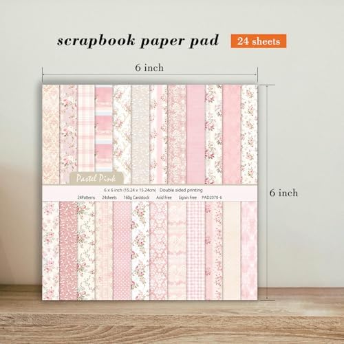 6 Inch Pink Flowers Scrapbooking Paper Pad - 24 Sheets Double Sided Aesthetic Patterns for Wedding Photos Album Journals Decorative Collage Origami DIY Crafts Gifts Wrapping Material