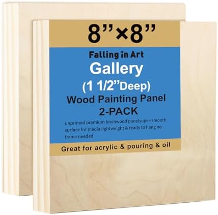 Falling in Art 2 Pack 8x8'' Unfinished Gallery Birch Wood Canvas Panels | Birch Wood Panels Kit, 1 1/2" Deep Art Cradle Boards for Painting, Pouring, Burning,Epoxy Resin, Laser Engraving Cutting
