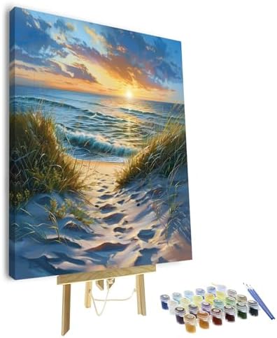 TUMOVO DIY Paint by Numbers Beach Scene with Sunrise, Abstract Adult Art, 16x20 inch(Framed)