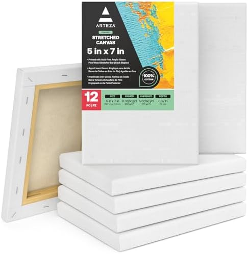 ARTEZA Stretched Canvas, 5 x 7 Inches, Pack of 12, Blank White Canvas for Painting for Acrylic, Oil and Gouache Paints