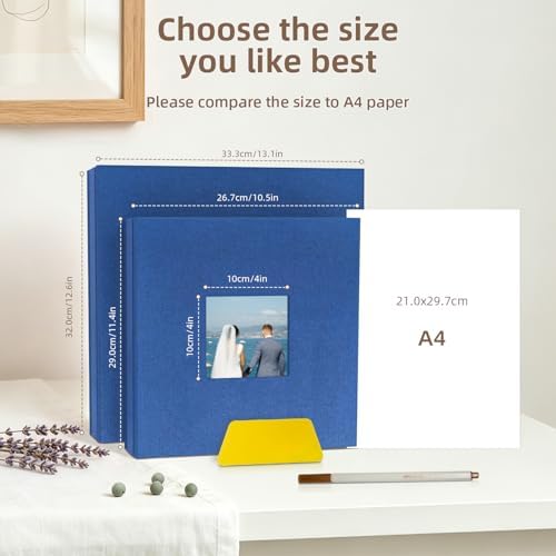 Popotop Photo Album Self Adhesive with Picture Display Window,60 Pages DIY Scrapbooking Supplies Kit for 4x6 10x12 Picture,Linen Cover Memory Book for Baby Wedding, with Scraper and Metallic Pen