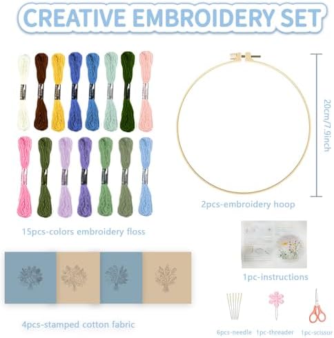 FREEBLOSS 4 Sets Embroidery Kit for Beginners Needlepoint Bouquet Stamped Embroidery Starter Kit with Instructions, Needles, Threads, 2 Hoops 11.6"/29.5CM