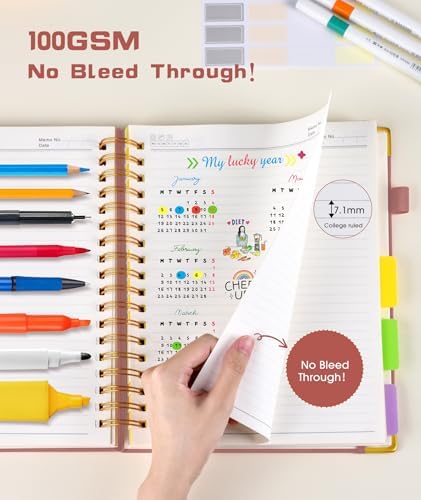 Hardcover Spiral Notebook journal with Removable Dividers Tabs, 300 Pages Leather 5 Subject Notebook College Ruled, 100GMS Notebooks for Work School Note taking,Lined Journal for Women,A5 Rose gold