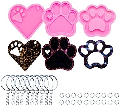 3pc Glossy Resin Silicone Paw Print Molds DIY Making Keychain, Heart with Paw Cutout Epoxy Mold with 10PC Key Ring(DY0129+DY0292+DY0404)