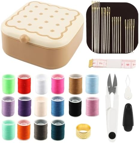 Portable Sewing Kit for Adults and Beginners, 41 Pcs Needle and Thread Set with Storage Case for Clothing Repair, Buttons and Small Tears, Includes Needles, Thread, Scissors and Tape Measure, Brown