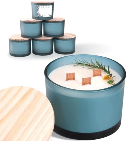 6 Pack Glass Candle Jars with Lids (16oz, Frosted Lake Blue) - Large Candle Jars for 3 Wick Candles Making - Empty Candle Jars Containers - Candle Making Accessories include 16Pcs Candle Labels