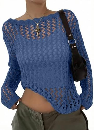 EVALESS Crochet Tops for Women Long Sleeve Hollow Out Knit Sweaters