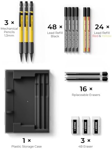 Four Candies 3PCS 1.3mm Metal Mechanical Pencil Set with Case (Yellow)