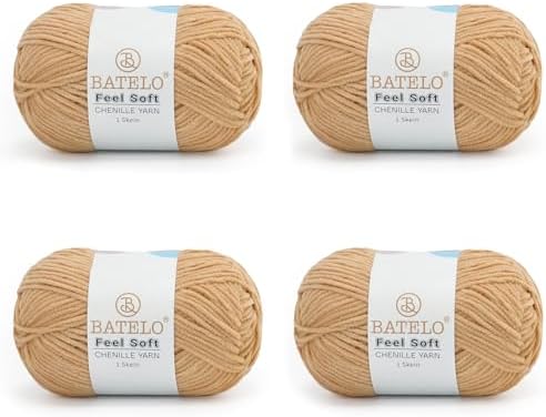 Thin Chenille Yarn for Crocheting & Knitting, Soft Plush Yarn for DIY Crafts, Amigurumi, Home Decor - 3 Light - 4 Pack of 1.7oz/142yds - Tan