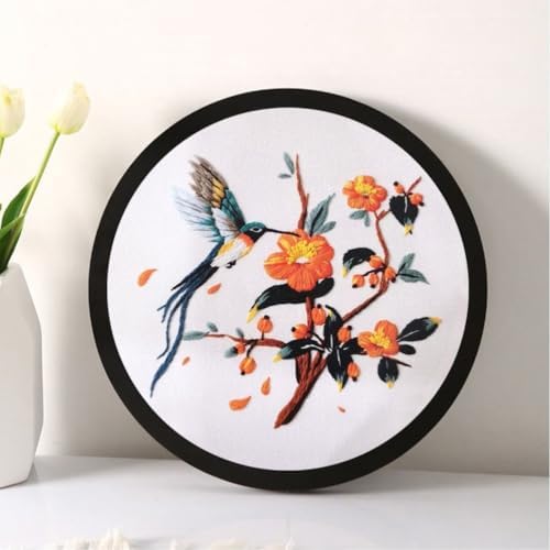 Esffaci Embroidery Starter Kit for Adult Beginner with Hummingbird‌ Flowers Pattern Hand Embroidery Set with Embroidery Cloth Hoop Needle Threader Embroidery Floss and Instruction