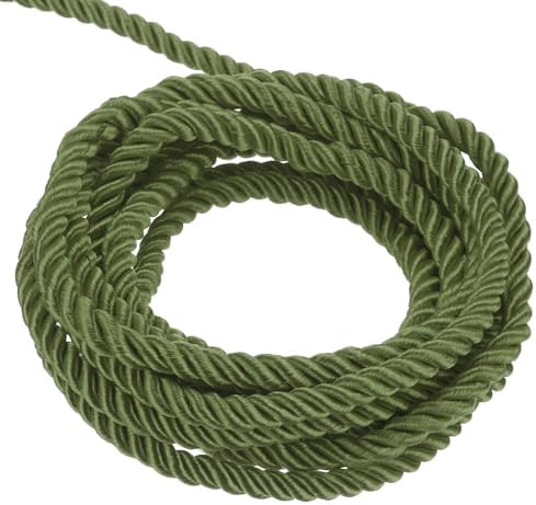 MECCANIXITY Twisted Cord Trim, 11 Yard 5mm 3-Ply Twine Braided Rope Shiny Thread String for Craft Gift Bag Curtain Christmas Decor, Olive Green - 10m