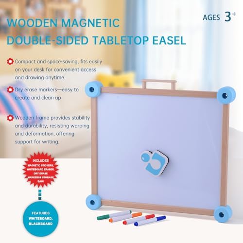 Wooden Kids Art Easel, Double-Sided Tabletop Easel for Painting with Magnetic Letters Numbers, Magnetic Drawing Board for Toddlers for Boys and Girls 3+