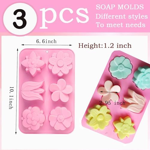 3 Pack Silicone Soap Molds,Flowers&Rectangular shape Soap Mold for Soap Making,Great for Handmade Soaps,Lotion Bars,Chocolate,Moon Cake