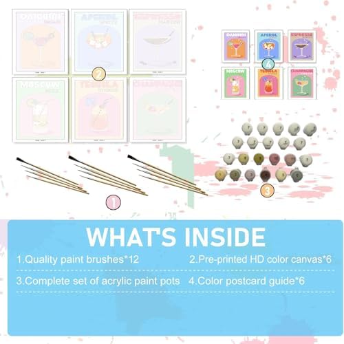 Jethami 6 Pack Vintage Cocktail Paint by Numbers Kit for Adults 8 x12in | Easy to piant for beginners, Diy art craft, Relaxing & Stress relief, High definition canvas, Home wall decor, Vivid colors