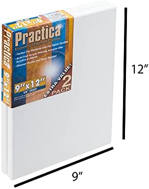Practica Economy Stretched Cotton Canvas - Acid-Free Acrylic Primed Canvas for Acrylics, Pastels, Graphite, & More! - [2-Pack - 9x12]