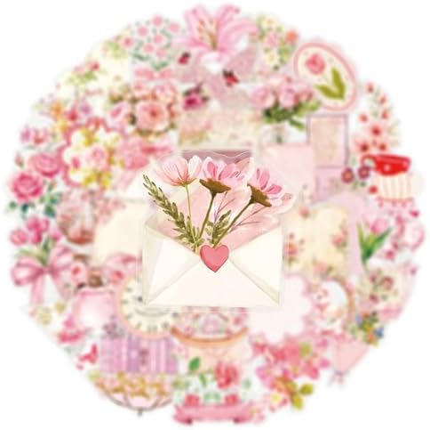 50pcs Pink Aesthetic Flowers Stickers Flora Scrapbook Stickers