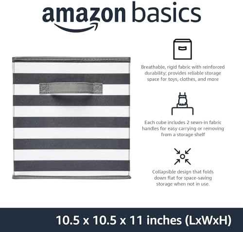 Amazon Basics Collapsible Fabric Storage Bins with Handles, Cube Organizer for Home Organization, 10.5"x10.5"x11", White/Light Grey Stripe, 6-Pack