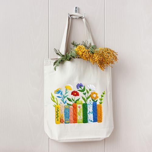 Louise Maelys Book and Flowers Embroidery Kit Canvas Tote Bag for Beginners