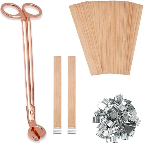 100pcs Wooden Candle Wicks 5.1 x 0.5 Inch, Smokeless Cherry Wood Wicks with Metal Clips, Includes Wick Trimmer, Perfect for Candle Making Kit and Soy Wax Candlemaking