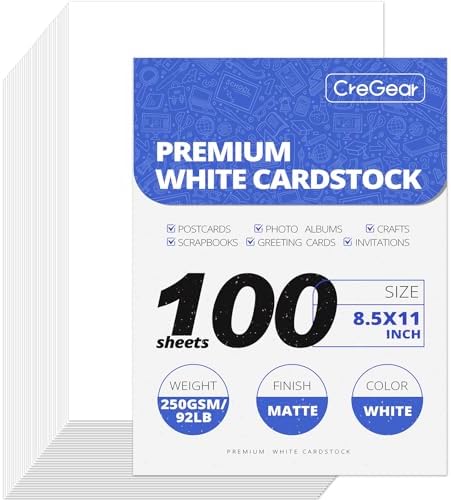 CreGear 100 Sheets White Cardstock Paper 8.5 x 11, 92lb/250gsm Card Stock