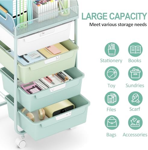 SYKIARIOL 4-Drawer Rolling Storage Cart with Mesh Top,Green