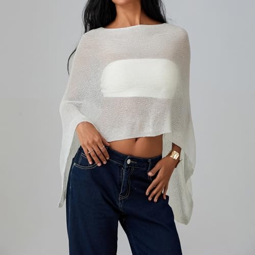 Women Sheer Knit Poncho Top Beach Cover Up Lightweight Crochet Shrug Y2k Summer See Through Shawl