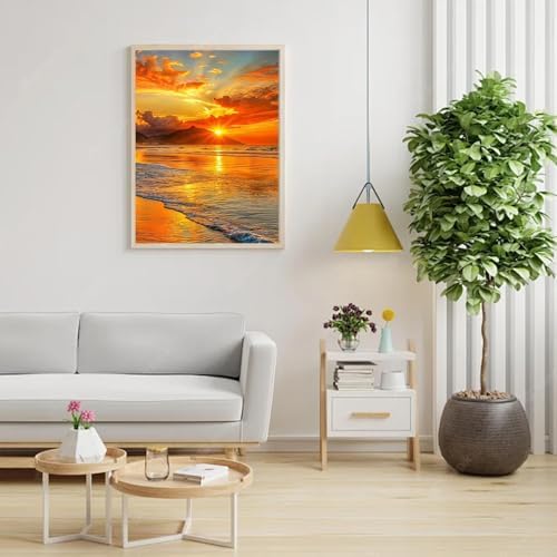 RYMILIE Sunset Diamond Art Kits for Adults Diamond Painting Kit 12x16in | 5D Beach Scenery Diamond Art Painting Kit for Beginners, DIY Full Round Drill Gem Art Crafts for Home Wall Decor Gift