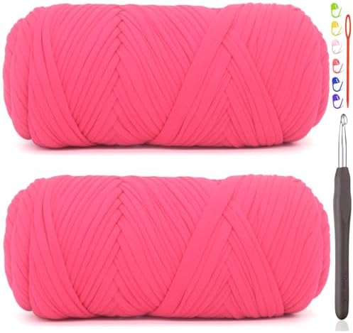 2 Pack Tshirt Yarn for Crocheting,Hot Pink T Shirt Chunky Elastic Fabric Thick T-Shirt Crochet Yarn for Beginners Crocheting Hand Knitting Bag/Basket/Coasters/DIY Crafts/Home Decor 2 * 200G(Hot Pink