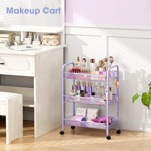 TOOLF 3 Tier Rolling Cart, Metal Utility Storage Cart with Wheels, Purple | 3 Hooks, Screwless Assembly, Trolley Organizer for Bathroom, Kitchen, Office, Nursery, Dorm, Laundry Room