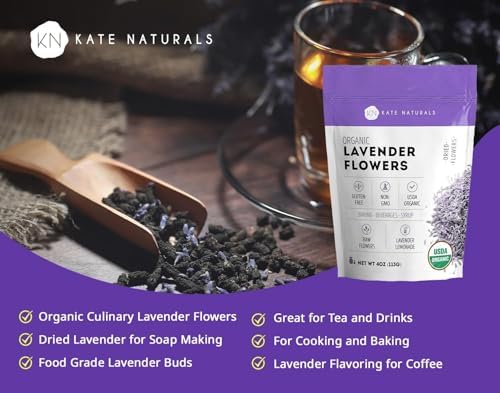 Kate Naturals Dried Lavender Flowers for Tea, Syrup, Lemonade, Soap Making. Edible Culinary Grade Buds (4oz, Organic, Food Grade) (Pack of 2)