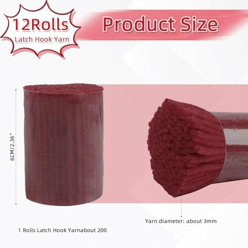 AKZYTUE 12 Rolls Latch Hook Yarn, Precut Rug Yarn for Latch Hook Kits, Crochet Yarn Bundles for Latch Hook Rug Making, DIY Tapestry Crafts for Adults & Beginners,Burgundy