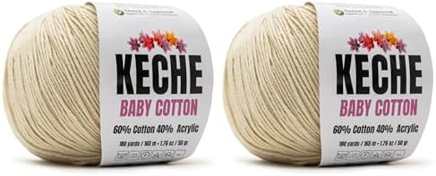 Keche Baby Cotton, 60% Cotton 40% Acrylic Yarn, Soft Cotton Yarn for Crochet and Knitting, Amigurumi Yarn 4 Skeins/Balls [1.76 Oz (50g) / 180 Yrds (165m)] x 2 Ecru