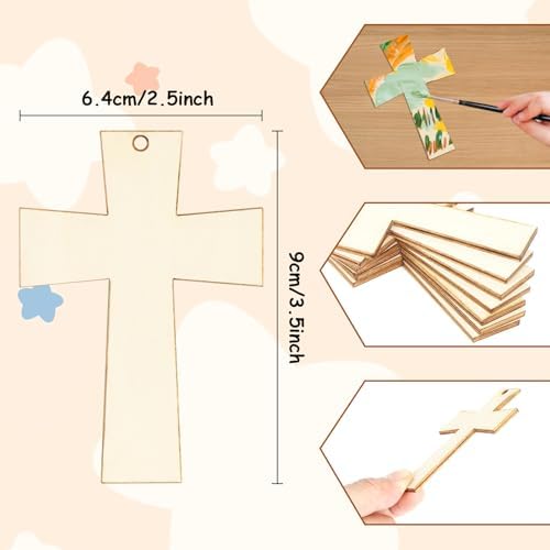 40Pcs Crosses Unfinished Wooden Gift Ornaments DIY Craft Activity Paintable Blank Natural Crosses Cutouts Hanging Wood Slices for Easter Sunday Kids Classroom Art Crafts Party Supplies