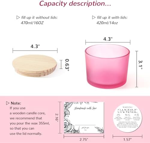6 Pack Glass Candle Jars with Lids (16oz, Frosted Pink) - Large Candle Jars for 3 Wick Candles Making - Empty Candle Jars Containers - Candle Making Accessories Include 16Pcs Candle Labels
