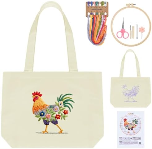 ERKOON Canvas Tote Bag Embroidery Kit for Beginners, Floral Arts Crafts Cross Stitch Kits for Adults Including Stamped Embroidery Bag with Hoops, Needle, Instruction and Color Threads (Rooster)