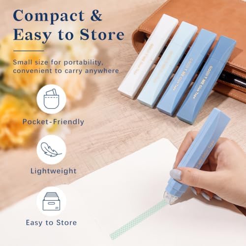 Temiary 4 Pack Double Sided Tape Pen, 16.4 Ft x 0.24 Inch Scrapbook Tape Roller for Crafts, Aesthetic Adhesive Glue Tape Pens for Scrapbooking School Office Journaling Supplies (Blue)