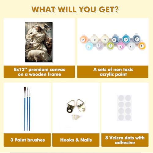 Bowetile Framed Jesus Paint by Numbers Kit for Adults, Adults' Paint-by-Number Lamb Kits on Canvas, Painting by Numbers Wolves, DIY Acrylic Number Painting for Home Wall Decor, 8x12in