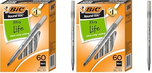 BIC Round Stic Xtra Life Ballpoint Pens, Medium Point (1.0mm), Black, 60-Count Pack, Flexible Round Barrel For Writing Comfort (GSM609-BLK) 60 Count (Pack of 2)