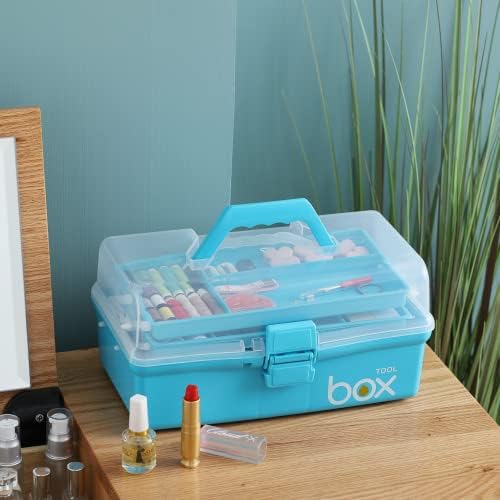 Kinsorcai 12'' Three-Layer Clear Art Box Organizer, Multipurpose Plastic Craft Box with Handle (Blue)