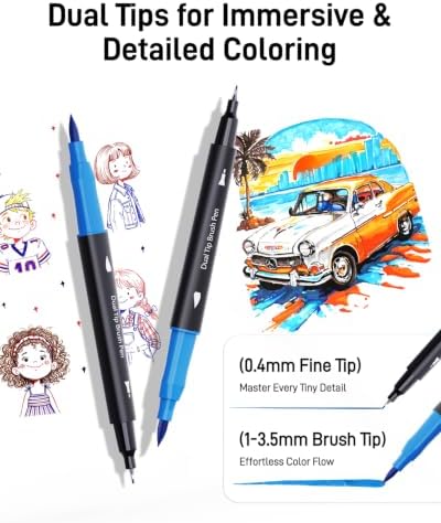 JusArt Dual Tip Markers for Adult Coloring Books, 24 Colors | Triangle Grip, 33% More Ink, Fine & Brush Tip Pens, Color-Coded Barrels, Water-Based Ink for Drawing, Journaling, Calligraphy