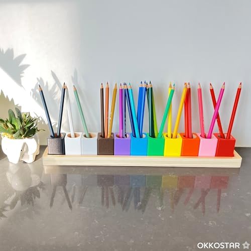 Wooden Crayon & Colored Pencil Holder, 11 Cups, Classroom (Large)