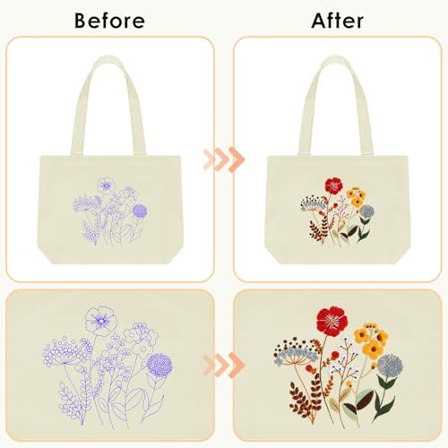 ERKOON Canvas Tote Bag Embroidery Kit for Beginners, Floral Arts Crafts Cross Stitch Kits for Adults Including Stamped Embroidery Bag with Hoops, Needle, Instruction and Color Threads (Flower)