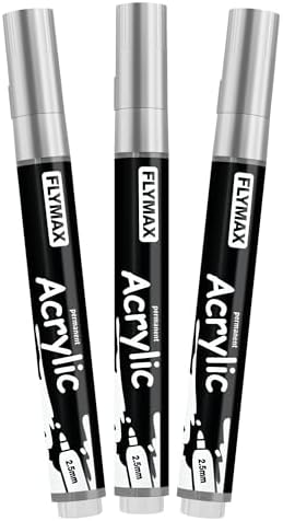 FLYMAX Silver Marker Paint Pens - Permanent Marker Pens Silver Acrylic Paint Water-Based 2.5mm Medium Tip Waterproof Quick-Drying (3 in 1Pack)