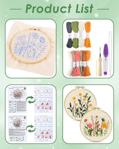 ERKOON Punch Needle Kit Adults Beginners, 2 Pcs DIY Easy Flower Embroidery Set for Starter Art Craft, Needling Punching Project with Patterns, Tools, Yarns, Hoop, Instruction (Daisies)