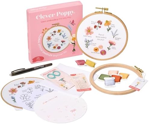 Clever Poppy Floral Stitch Sampler Beginner Embroidery Kit – Easy Embroidery Kit for Beginners with Hoop, Thread & Patterns – Hand Embroidery Kit for Adults and Teens – Complete Embroidery Starter Kit